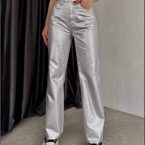 Shiny Silver High-Waisted Pants